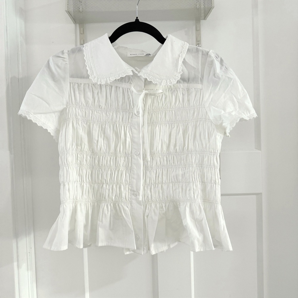 Altar'd State Presley White‎ Smocked Peplum Top Lace Trim Button Down Romantic